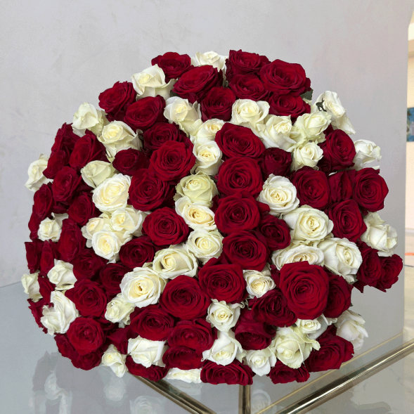 101 красная и белая роза микс в Евпатории
